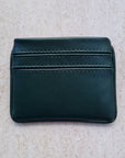 Dark forest green 5 card wallet made from vegan cactus leather with subtle piping detail on edge